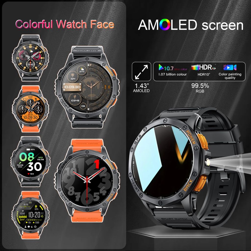 Military Sports Smart Watche for Men, Built-in GPS, 170+ Sport Modes, 1.43" AMOLED Screen, Bluetooth Call - Black & Orange (2 Bands)