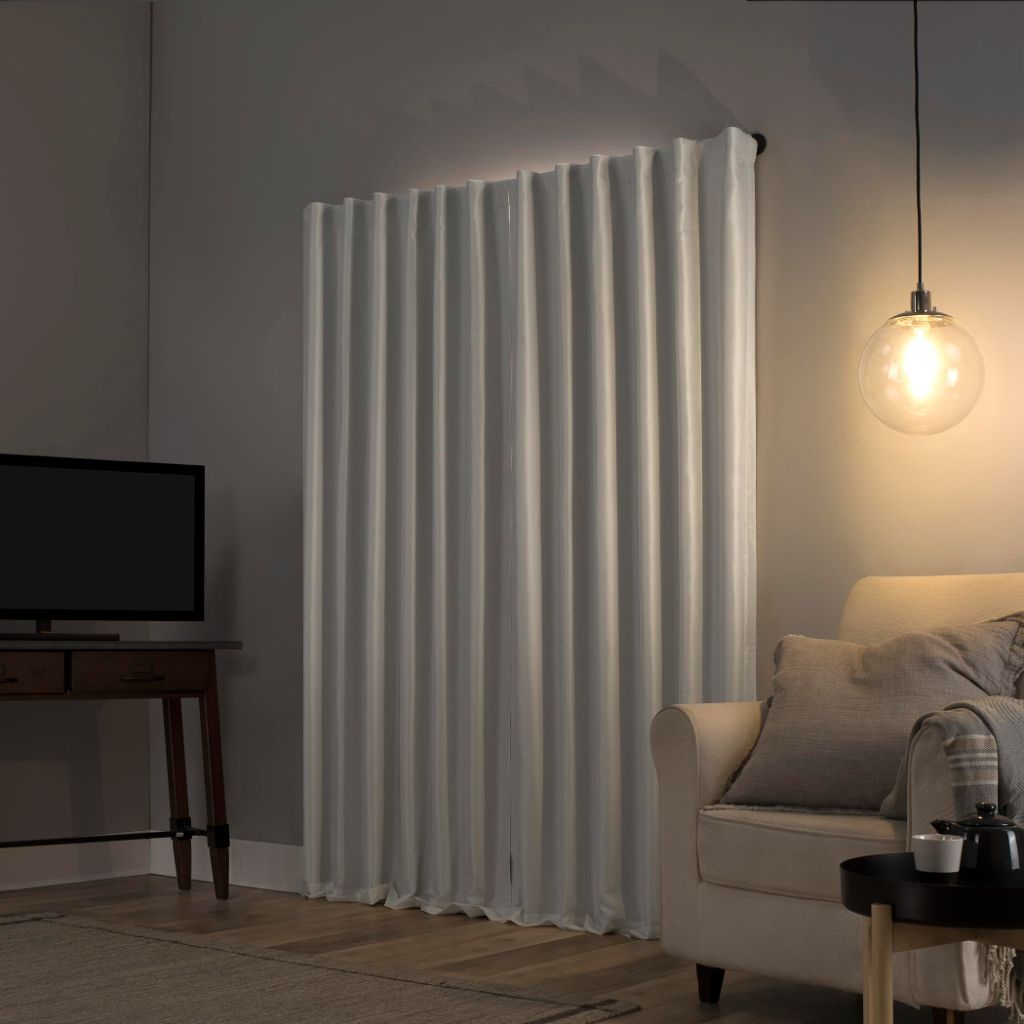Sun Zero Greyson Faux Dupioni Silk Thermal Extreme Total Blackout Back Tab Curtain Panel - Pearl White, 50" x 108"