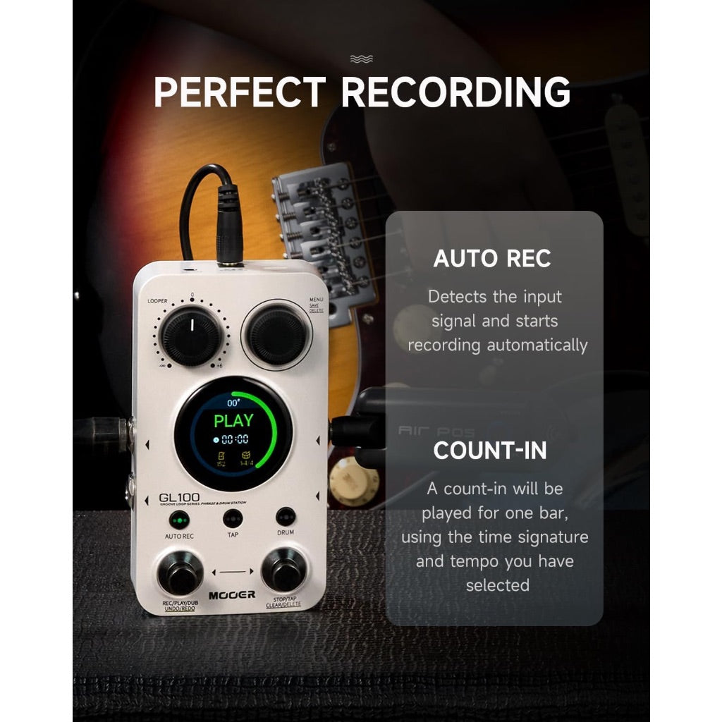 MOOER GL100 Looper Pedal Drum Machine, 1.3" Touchscreen - White