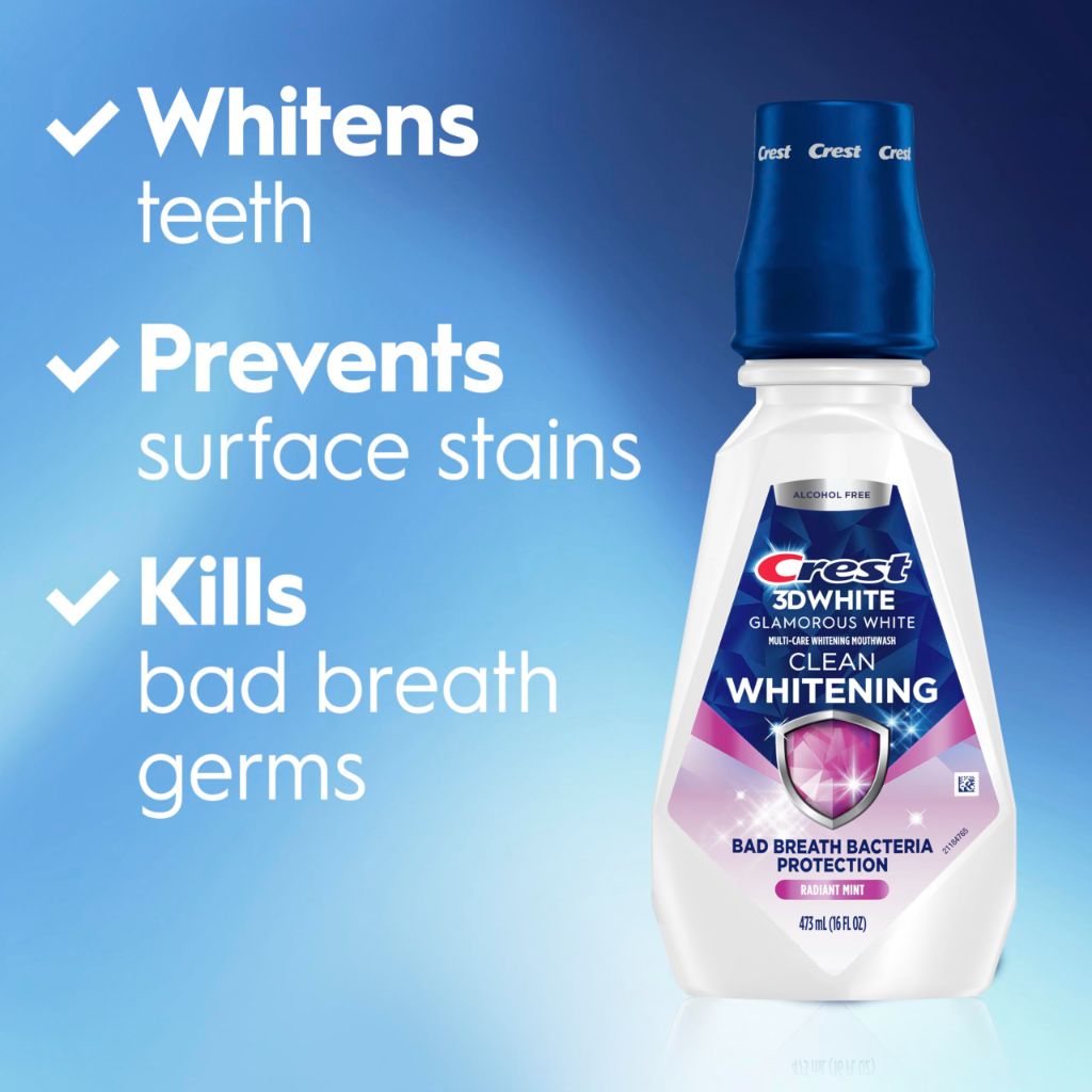 Crest 3D White Glamorous White Alcohol Free Multi-Care Whitening Mouthwash, Fresh Mint, 16 Fl Oz (473 ml), 1.07 Lb