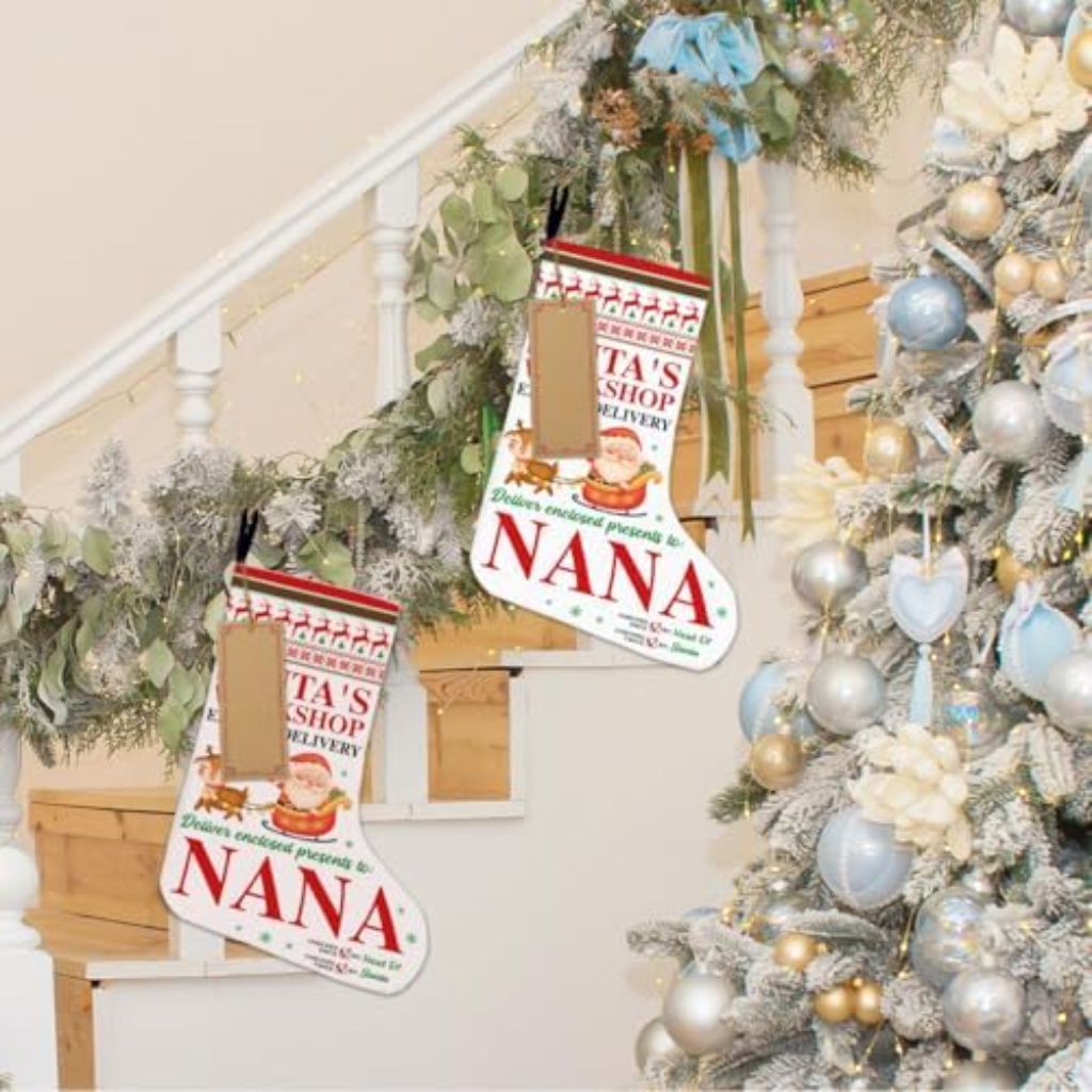 Mukjyuyi Nana Christmas Stocking, Burlap Christmas Stocking Gifts for Grandma, Santa's Workshop Xmas Stocking Fireplace Hanging Stockings for Family Holiday Christmas Decorations