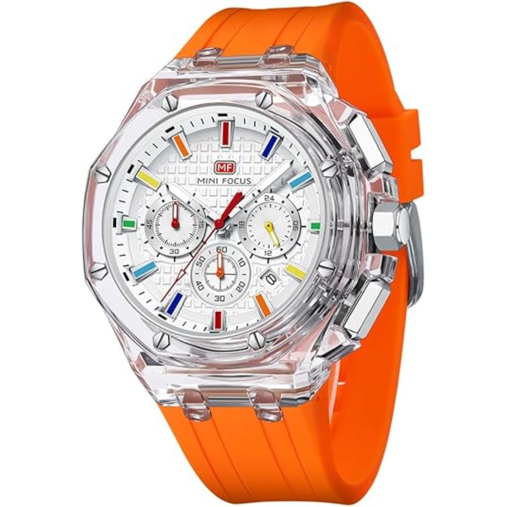 Mini Focus Men's Multifunction Transparent Analog Display Watch - Orange Silicone Strap