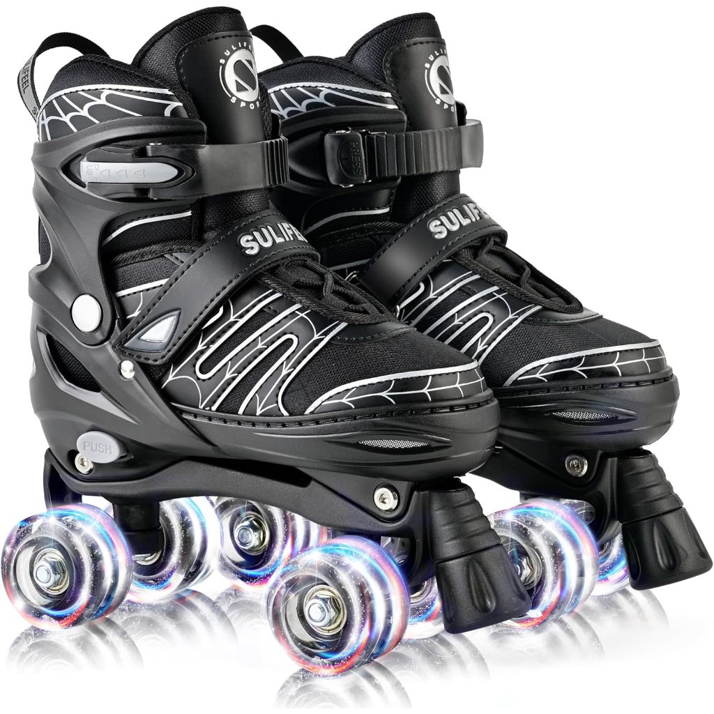 SULIFEEL Adjustable Kids Roller Skates with 4 Sizes, Light up Wheels - Spider Black, Medium (13C-3) *Damaged Box*