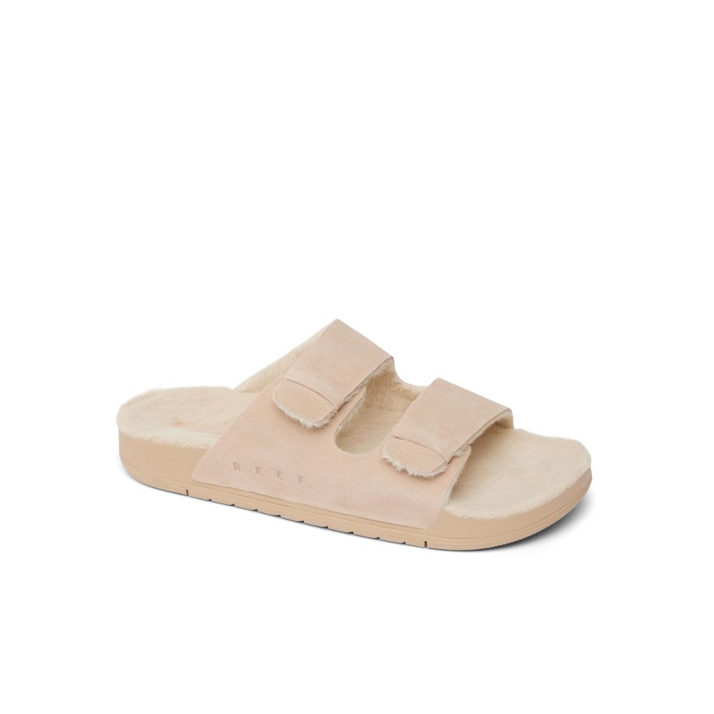 Reef Ojai Two Bar Cozy Womens Slide, Faux Fur Footbed, Full Grain Leather, Tan, 11