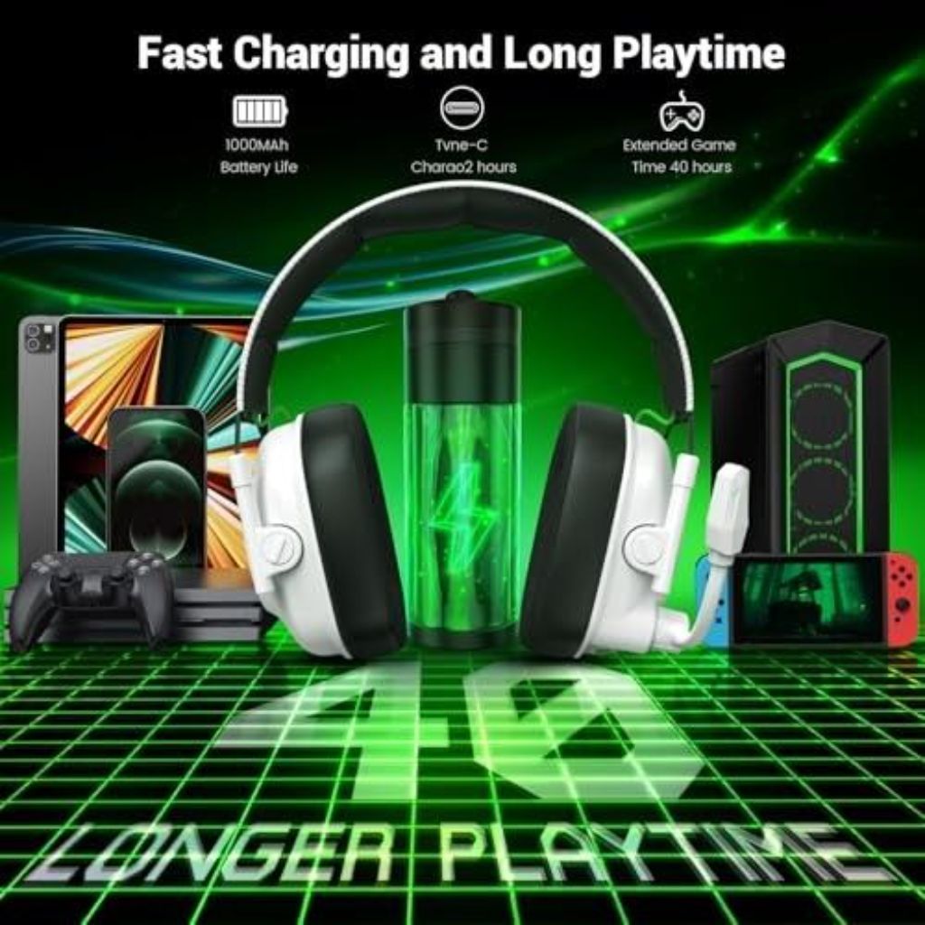 Wireless Gaming Headset w/Noise Canceling Mic for PC, PS5, PS4, Switch, Mac, RGB Lighting - White