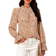 Womens Frill Mock Neck Boho Floral Tops Elegant Puff Long Sleeve Shirt Size M