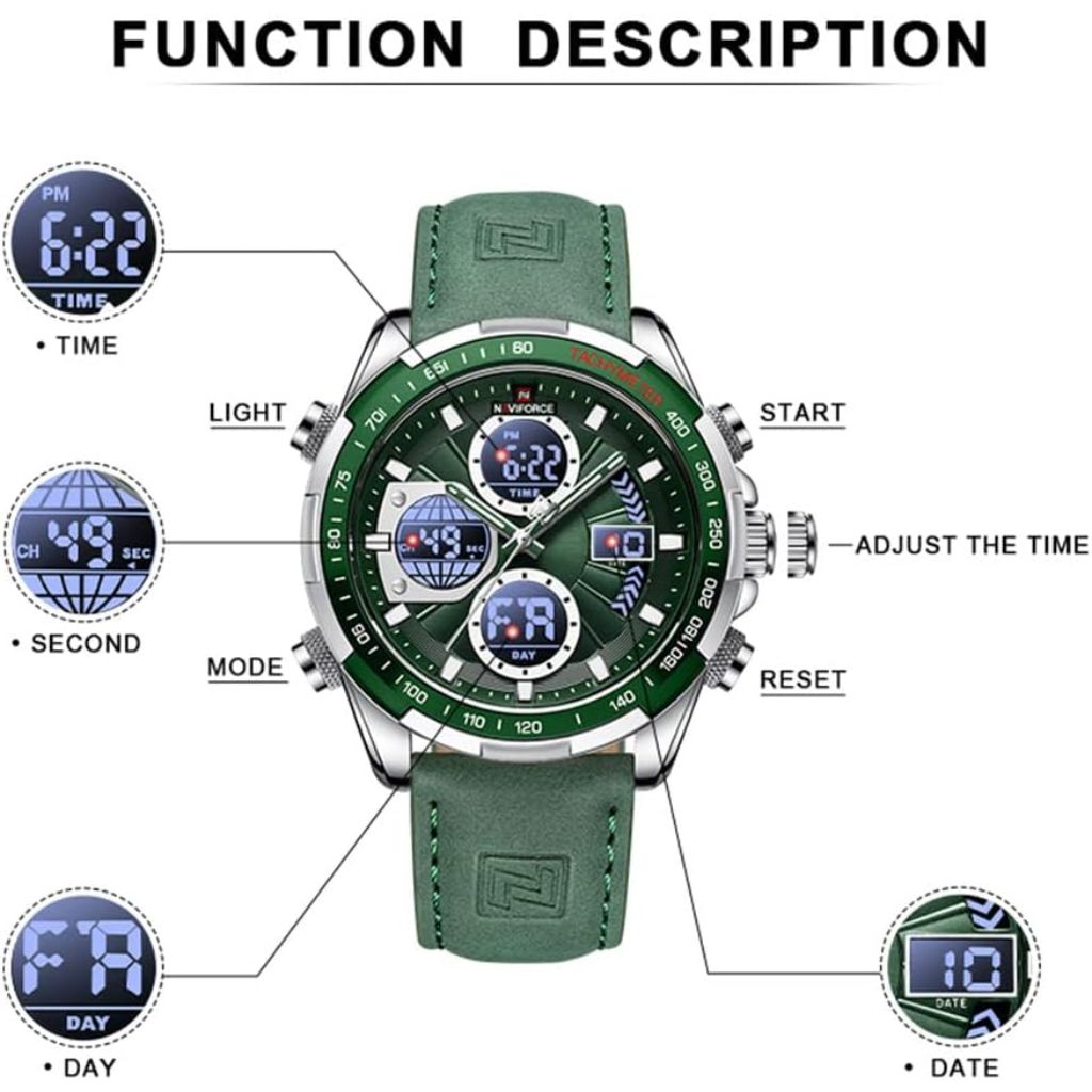 NAVIFORCE Men's Military Digital Watches Analog Quartz Waterproof Watch Sport Multifunctional Leather Wristwatch