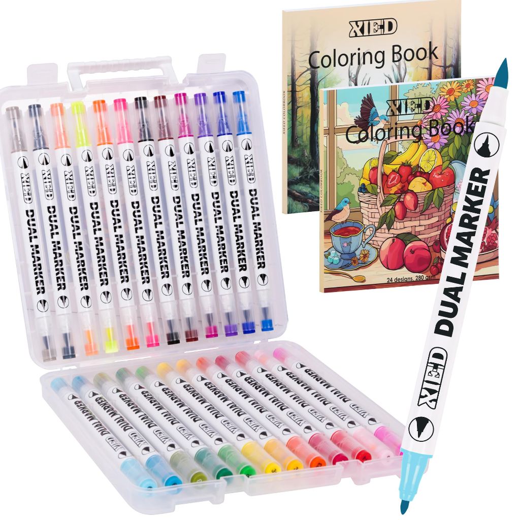 XIEED 24 Colors Alcohol Markers & 2 Pack Coloring Book Set