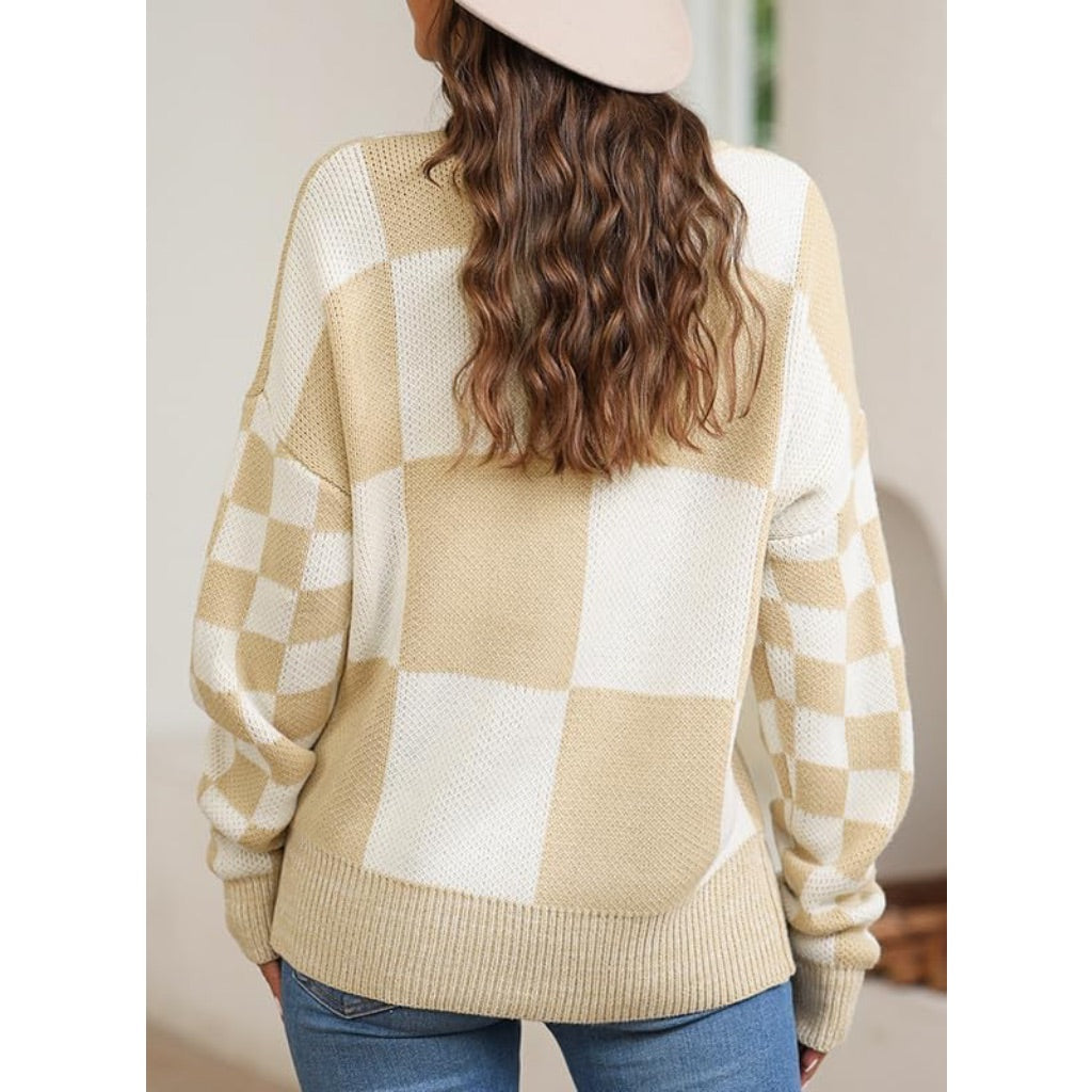 EVALESS Women's Cable Knit Checkered Oversized Sweater, Khaki, Size Small