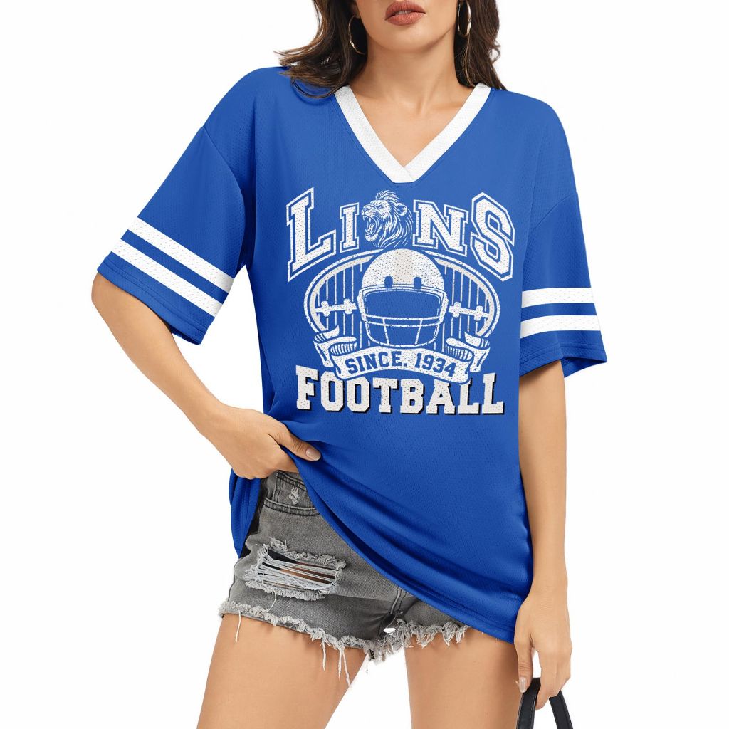 Women's Football Mesh Jersey - V-Neck Short Sleeve Casual Top, Blue, Large