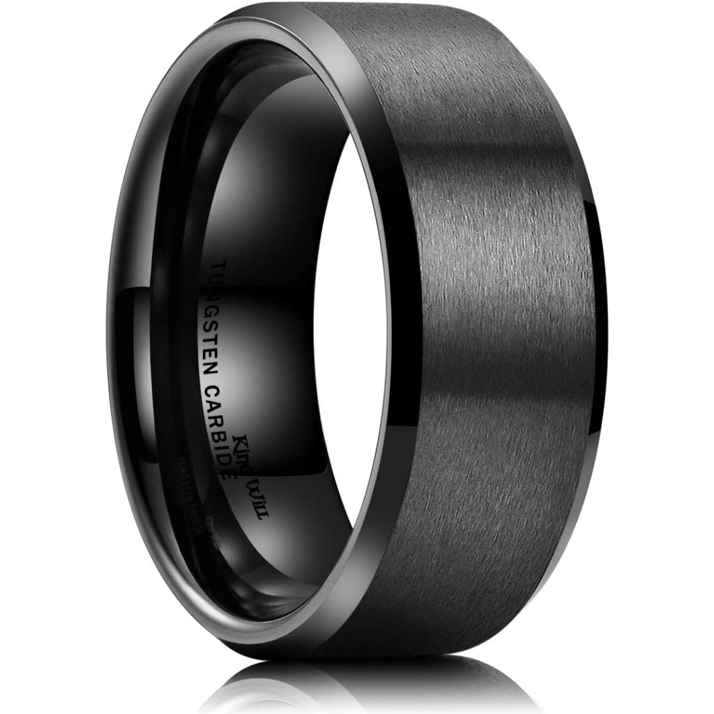 King Will Tungsten Men's Wedding Ring - Available in 6mm to 10mm, Black/Silver, Matte Finish, Beveled Polished Edge, Comfort Fit Size 10