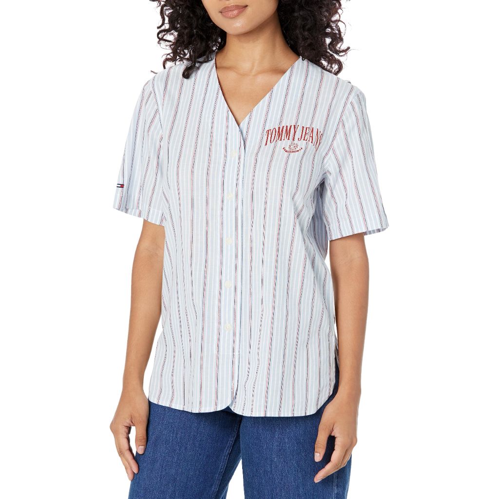 Tommy Jeans Women's Short Sleeve Button Up Baseball Shirt, Sky Captain, XS