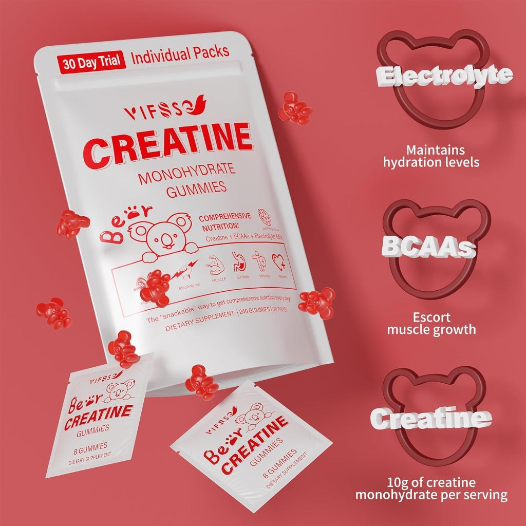 Creatine Monohydrate Gummies with 10 Creatine, BCAAs, & Electrolytes - Strawberry, 240ct