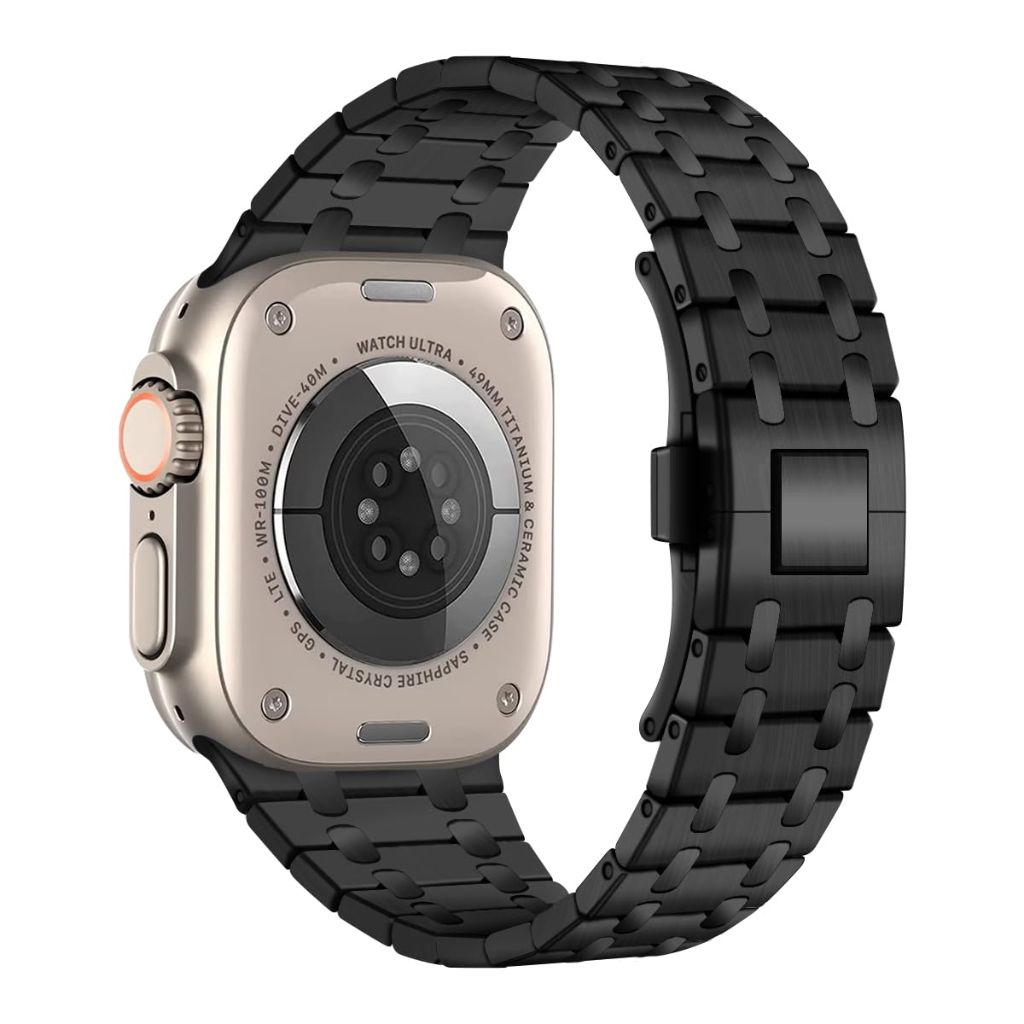 IBazal - Stainless Steel Metal Butterfly Clasp Apple Watch Replacement Strap - Black 42/44/45/49