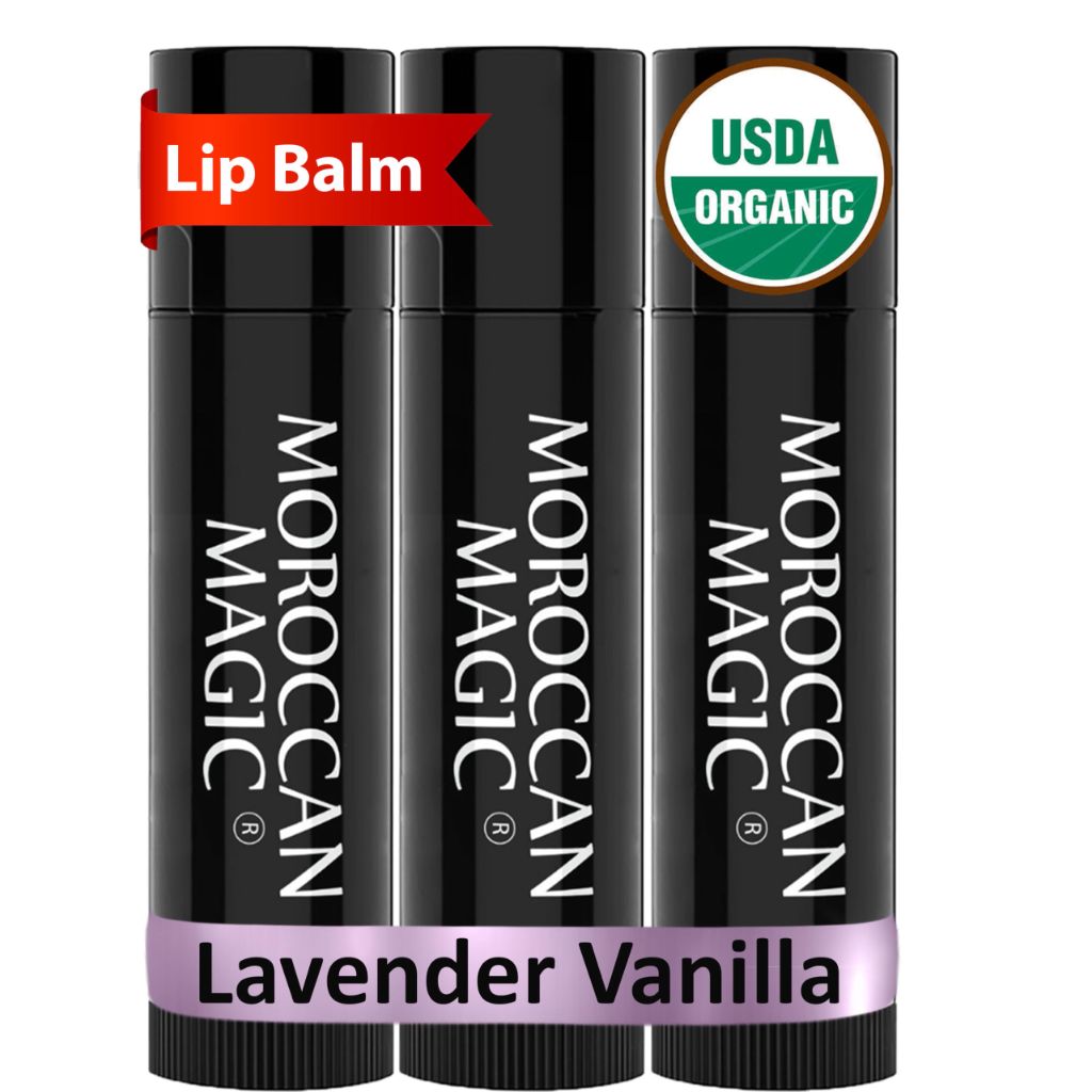 Moroccan Magic Organic Lavender Vanilla Lip Balm 3 Pack | Ultra-Hydrating Argan & Essential Oil Lip Moisturizer + Vitamin E