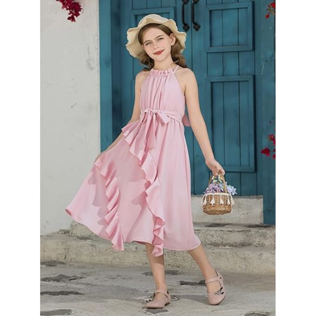 Girls Dresses Tween Halter Tie Back Tiered Ruffle A-Line Flowy Dress Summer Sleeveless Sundress Size 5-14 Years
