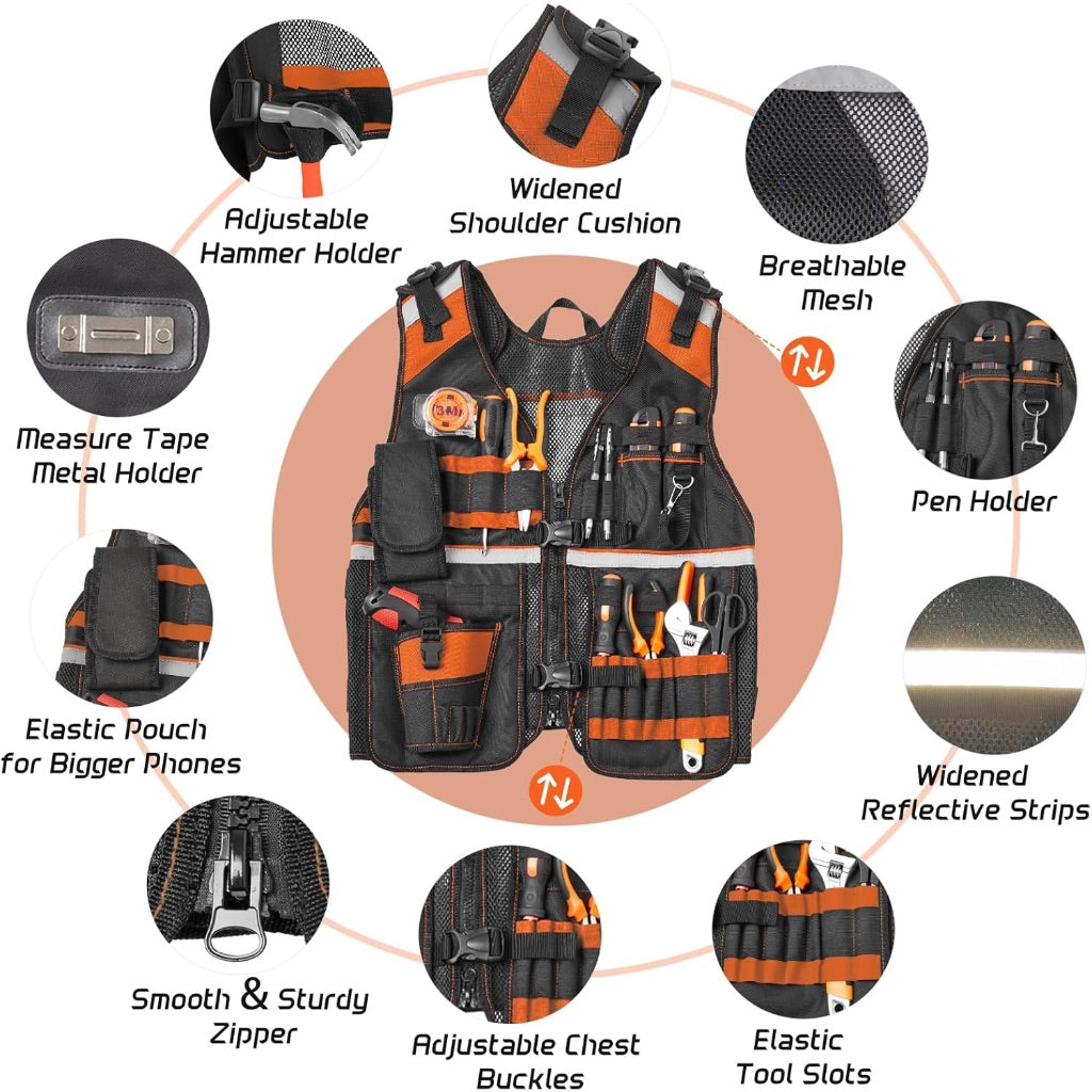 Electrician Tool Vest, Reflective Safety Work Vest with Adjustable Thick Straps, 22 Pockets