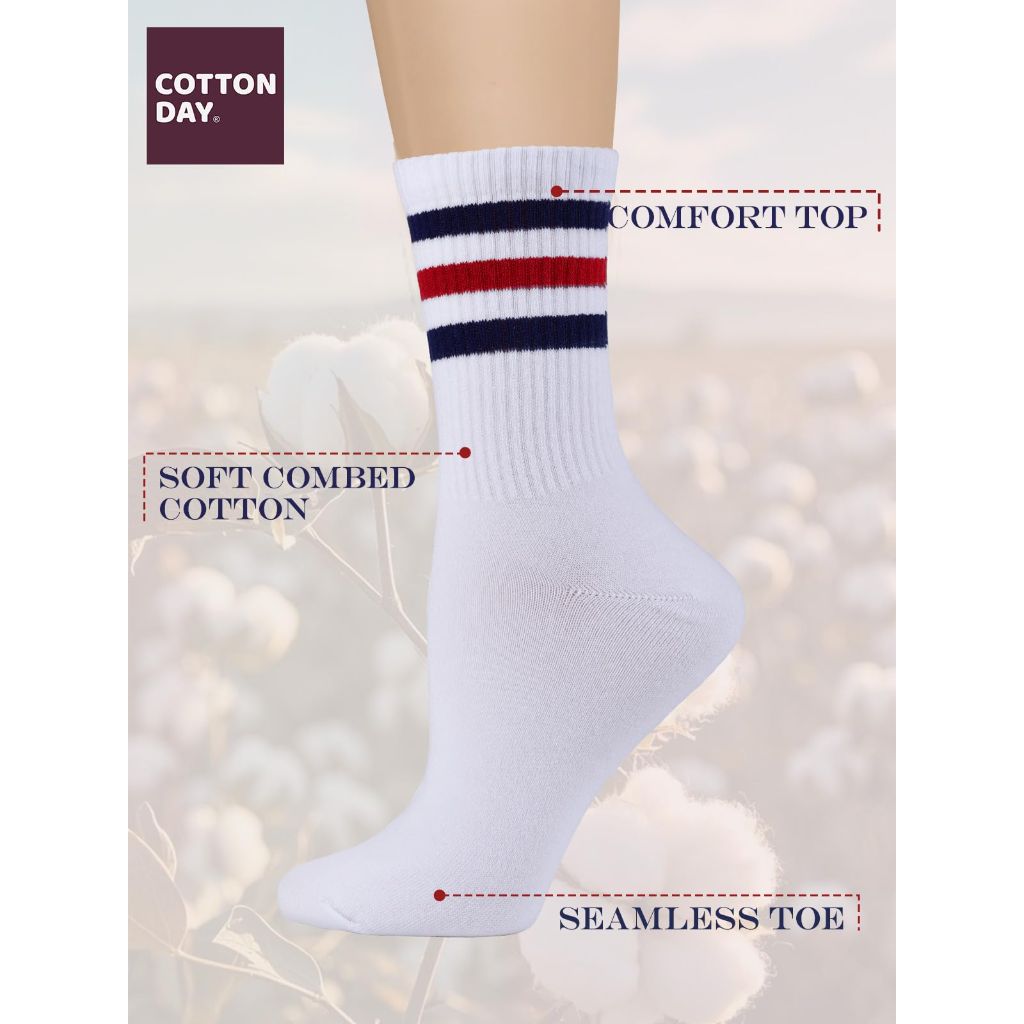 COTTON DAY Womens Soft Combed Cotton White Crew Socks Striped Top BBH Shoe Size 6-9