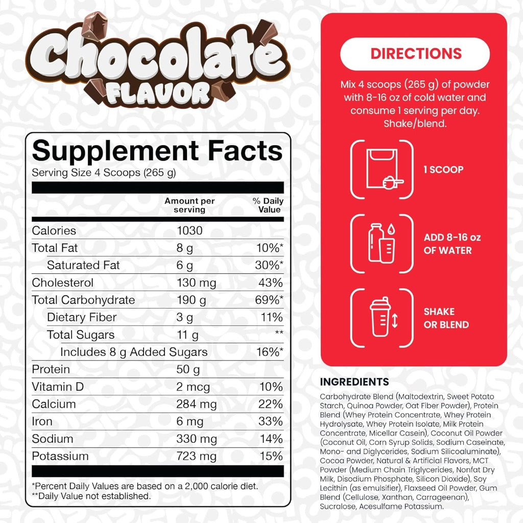 Basic Supplements Mass Gainer Protein Powder, Chocolate, 6lb (10 Servings)