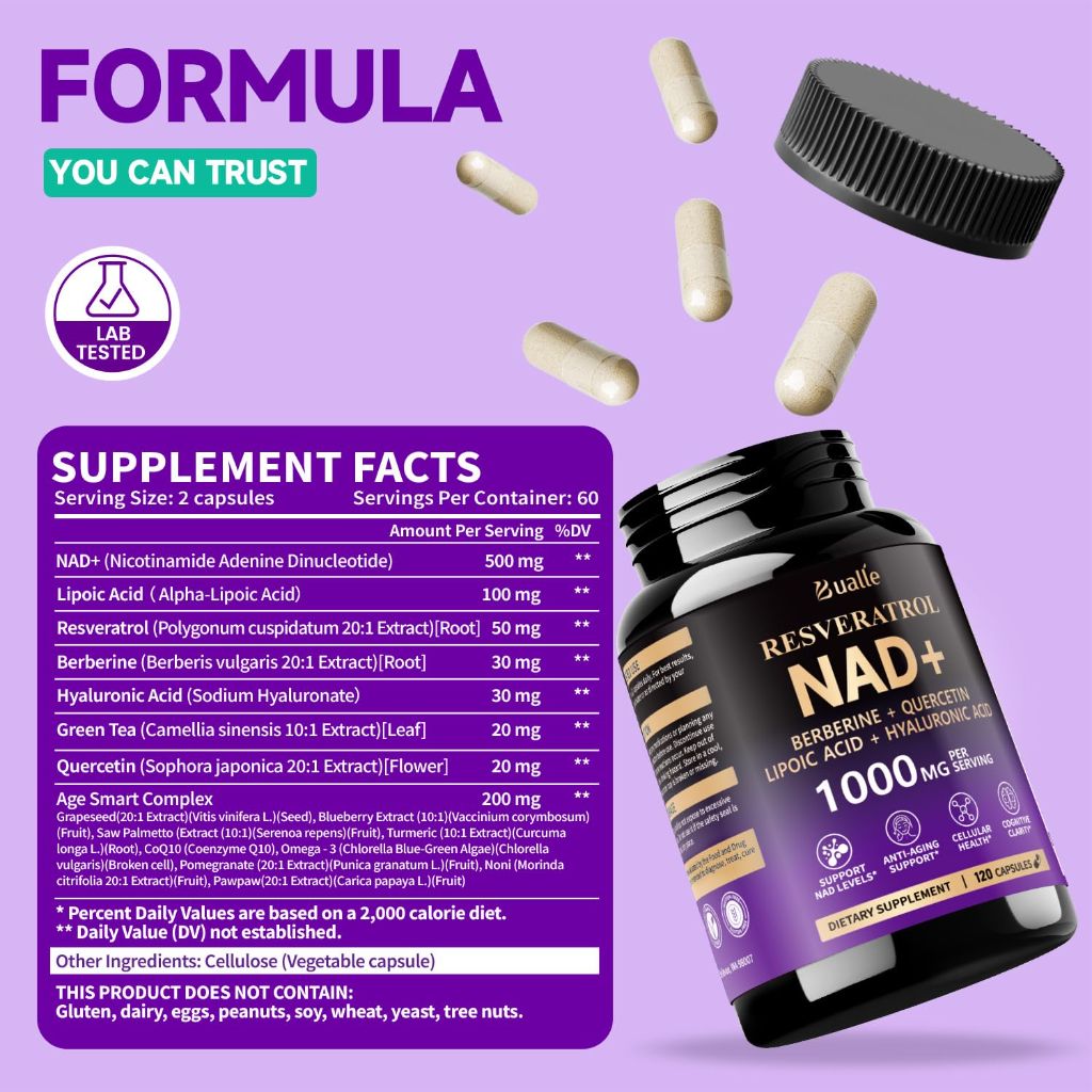 Bualle NAD Supplement, 1000mg -120 Capsules