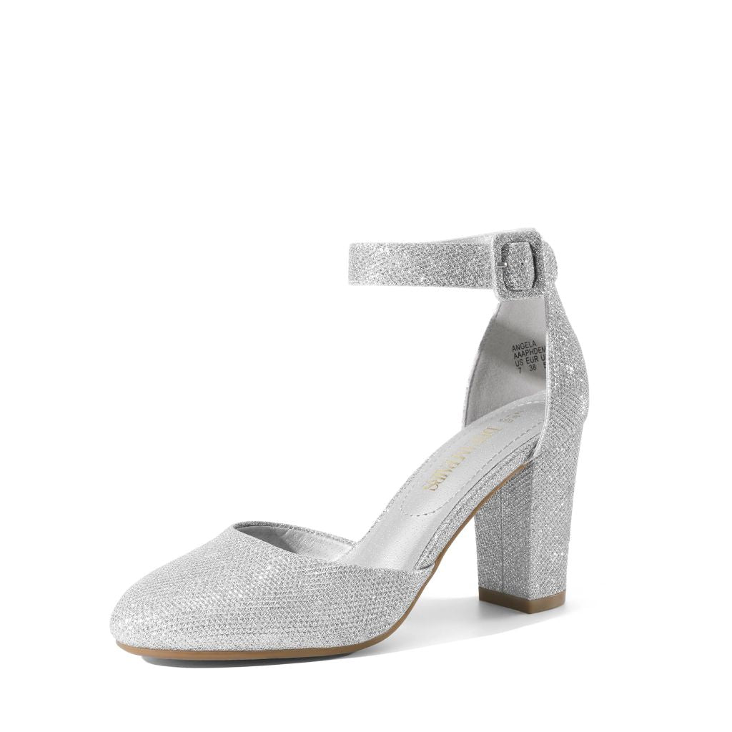 SZ 10, DREAM PAIRS - "Angela" Women's High Heel Ankle Strap Closed Toe Chunky Pumps Shoes | Silver/Glitter