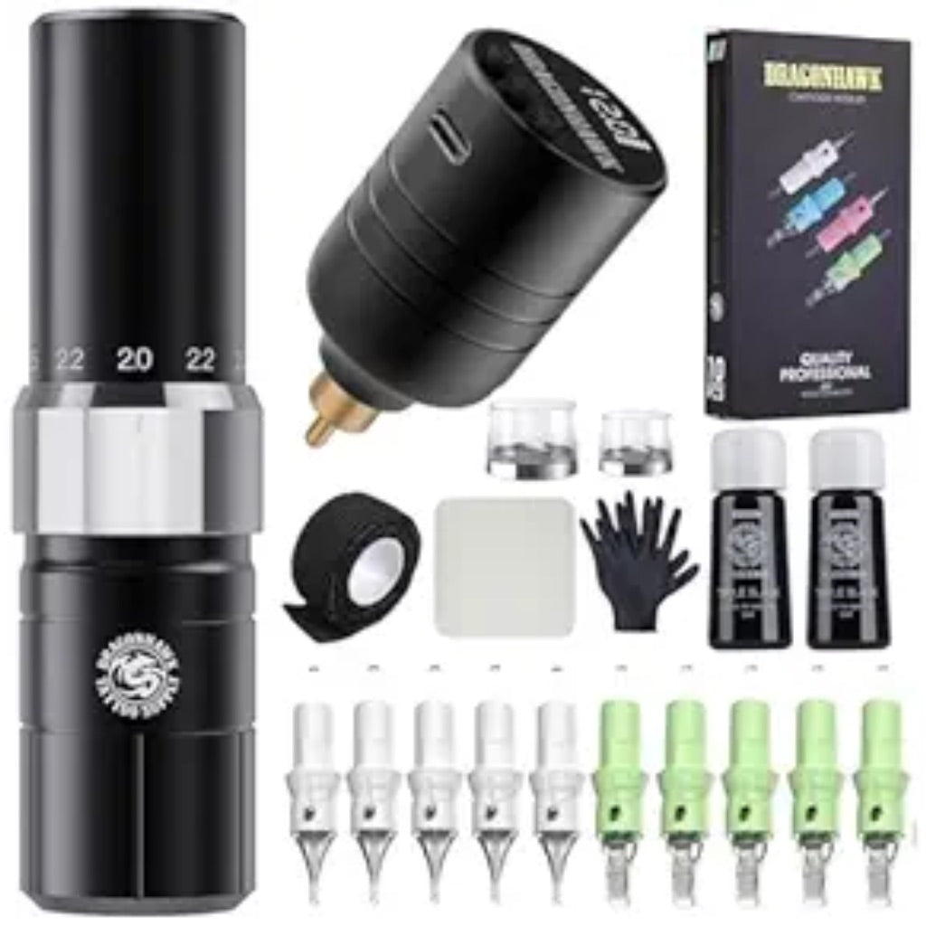Dragonhawk Tattoo Kit, Tour Y23 Wireless Tattoo Kits Replaceable B2 Battery Tattoo Pen Machine Gun Kit with 6 Strokes Length Change for Beginner & Pro Aritsts Women Beauty