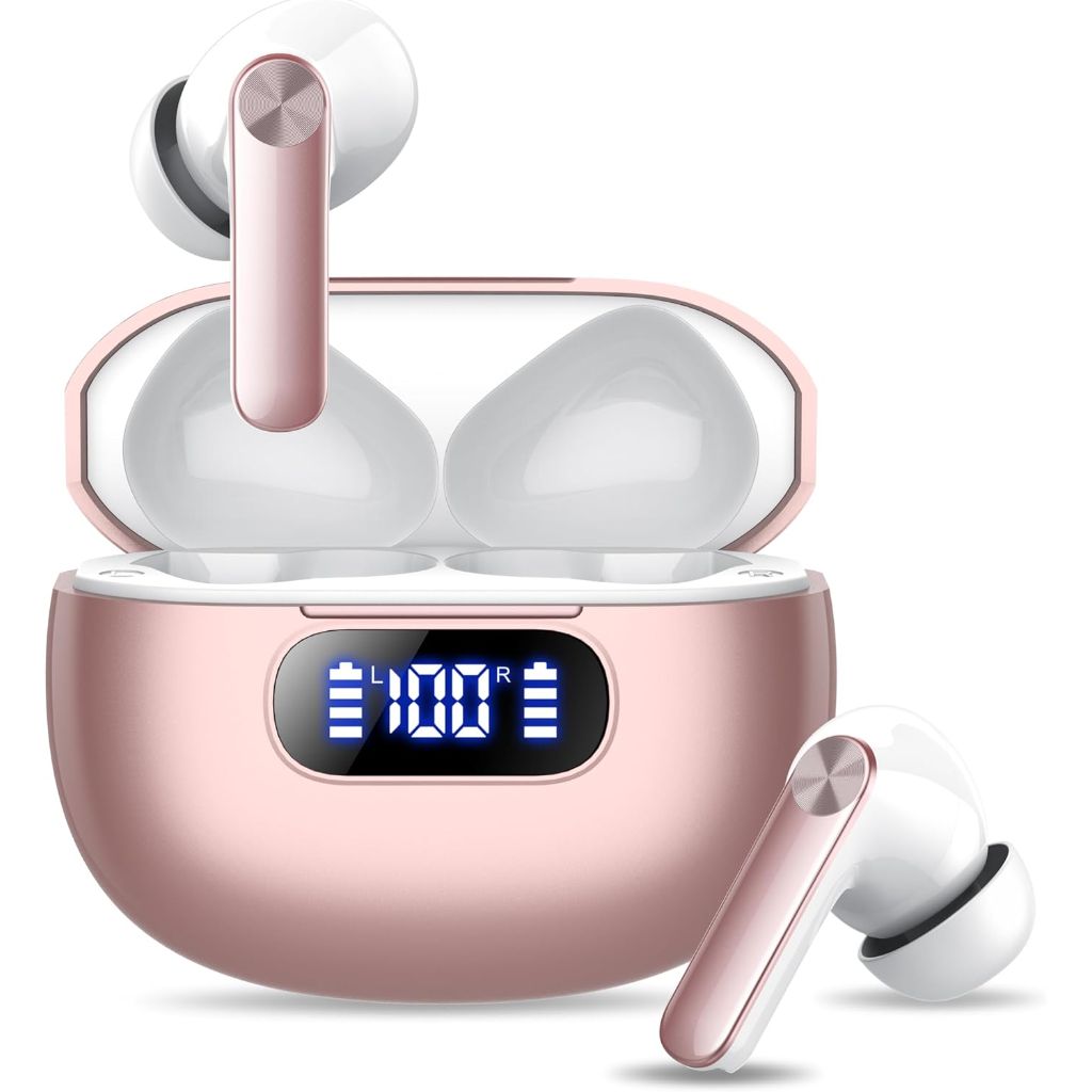 Bluetooth 5.3 Wireless Earbuds Headphones with LED Power Display, 4 ENC Noise Cancelling Mic for iOS Android - Pink