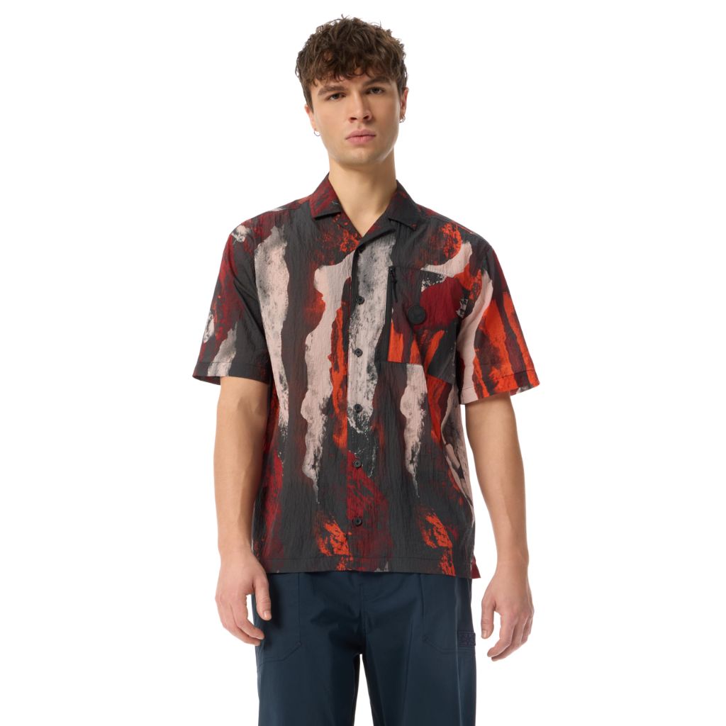 Cross-eyed Moose Men's Rave Button Down Camp Shirt with Water Repellent Standard, Tomato River Print