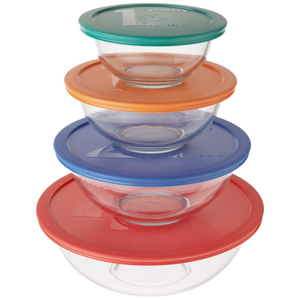 Pyrex Smart Essentials Glass Mixing Bowls w/Lids - Clear Bowls, 8pc Set.