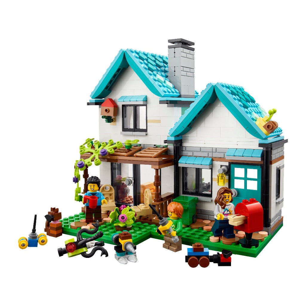 LEGO Creator 3 in 1 Cozy House Building Kit  Rebuild Into 3 Different Houses  Includes Family Minifigures and Accessories  DIY Building Toy Ideas for