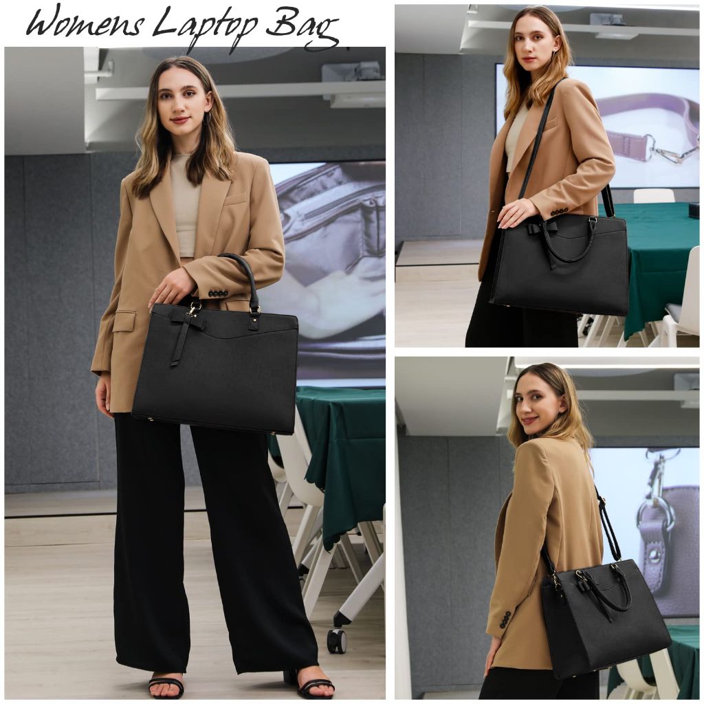 RAINSMORE Laptop Bag for 15.6 Inch PU Tote Bag, Black