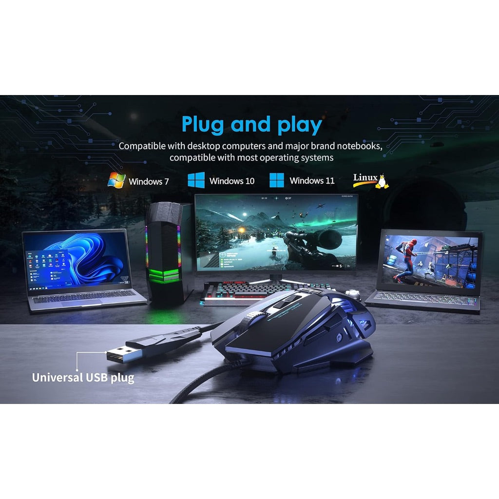 C300 Wired Gaming Mouse, RGB Backlit Computer Wired Mouse Adjustable Weights, 12800 DPI Adjustable, Windows/Mac/Linux