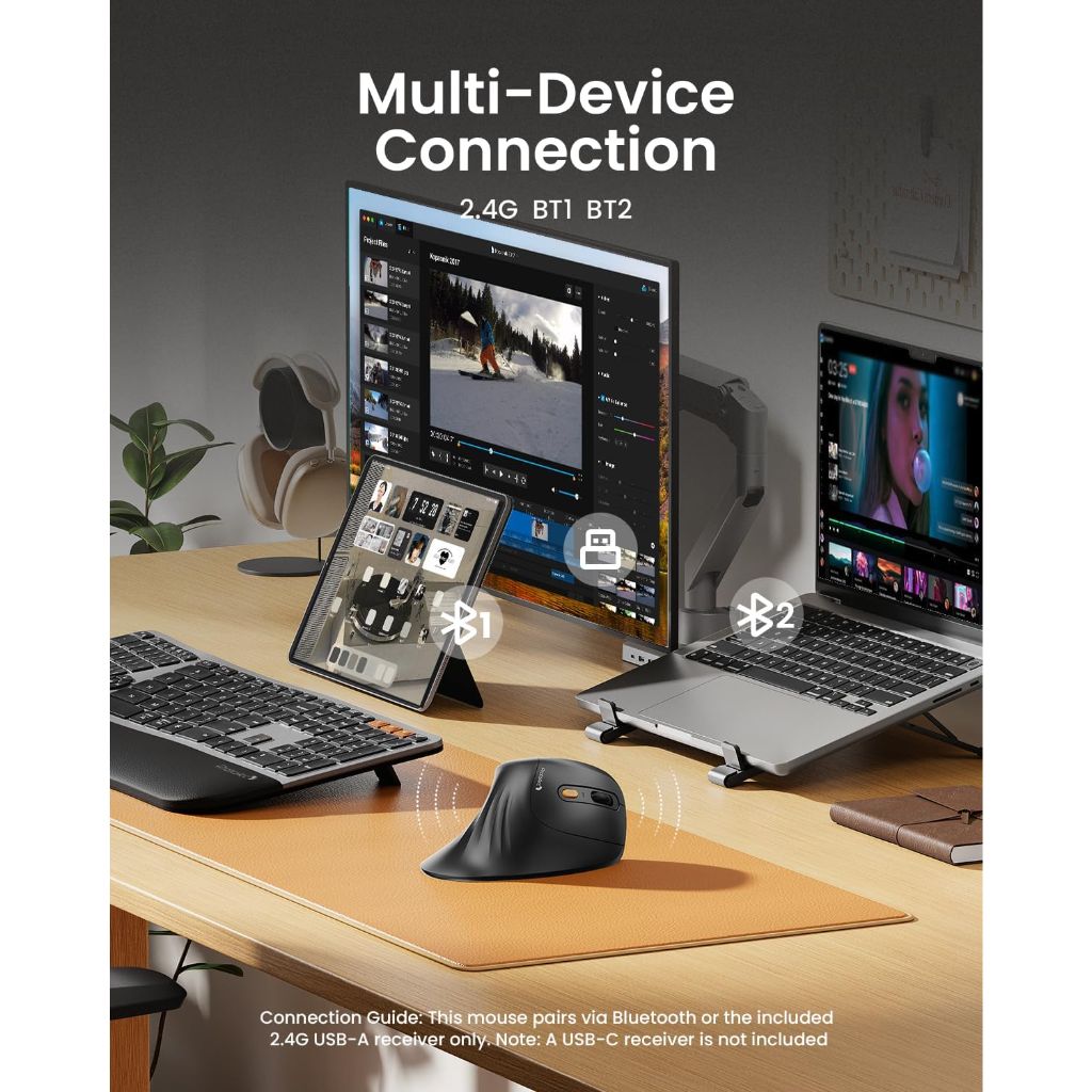 ProtoArc EM11 NL Wireless Ergonomic Mouse, Bluetooth Rechargeable Vertical Mouse, 3 Multi-Device Connectivity - Black