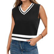 ONFERS Women's Cropped Sweater Vest V Neck Sleeveless Loose Fit Tank Tops, Large, Black White