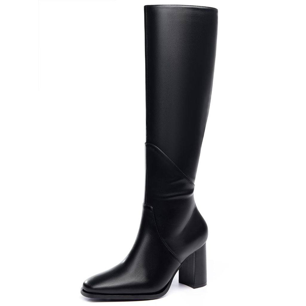 Coutgo Womens Knee High Boots Square Toe Chunky Block Heel Side Zipper Faux Leather Long Boots Fall Winter Shoes, Cool Black, Size 6.5