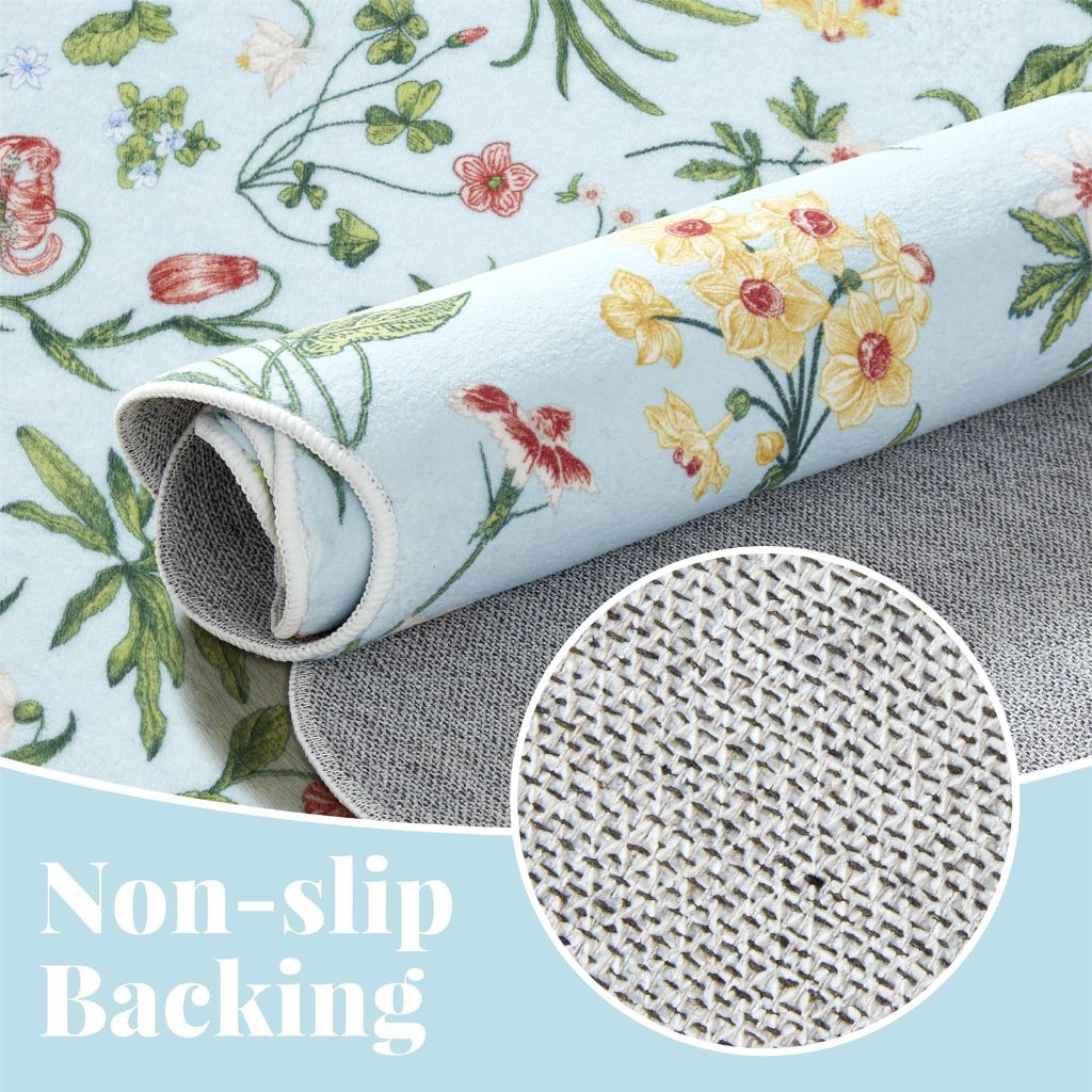 Lansatte Blue Floral Washable Rugs, 5x7 Area Rug