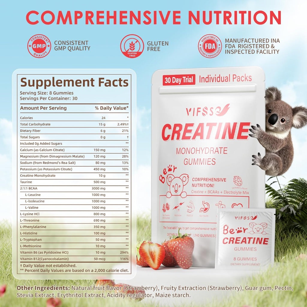 Creatine Monohydrate Gummies with 10 Creatine, BCAAs, & Electrolytes - Strawberry, 240ct