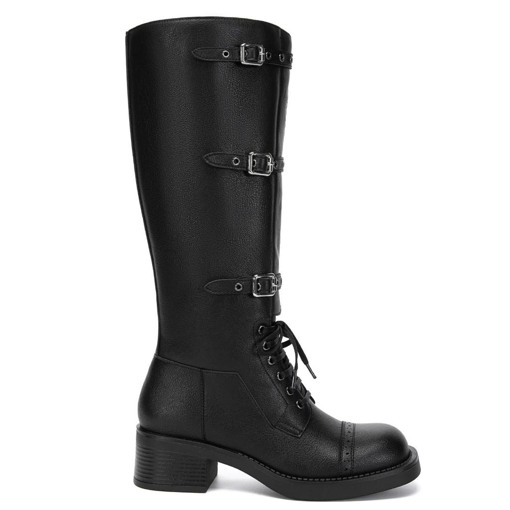 Athlefit Black Knee High Boots for Women Wide Calf Tall Riding Boots Slip On Chunky Low Heel Booties