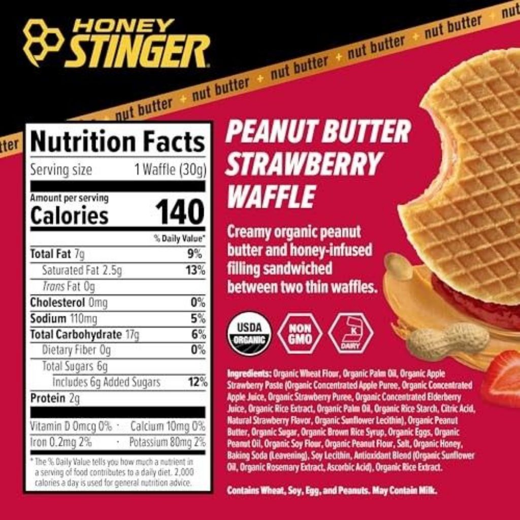 Honey Stinger Organic Energy Waffles - Peanut Butter Strawberry, 16 Count