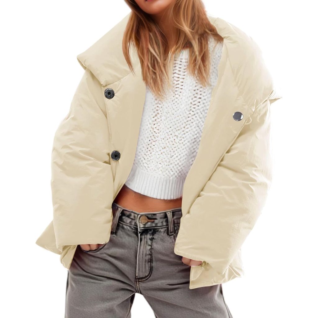 Tankaneo Womens Cropped Puffer Coat Hoodies Oversized Lightweight Winter Jacket Warm Long Sleeve Outerwear - M