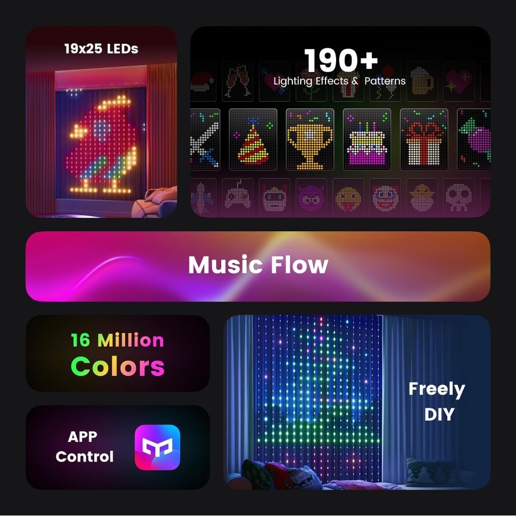 Yeelight Smart Curtain Lights, 5x6.5 ft, 475 LED Bluetooth App Control 20+ Modes