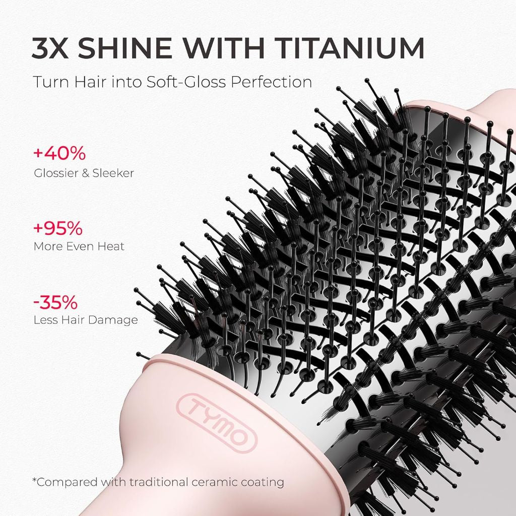 TYMO Volumizer Hot Air Brush, 4-in-1 Ionic Hairdryer w/2.85" Oval Titanium Barrel - Pink