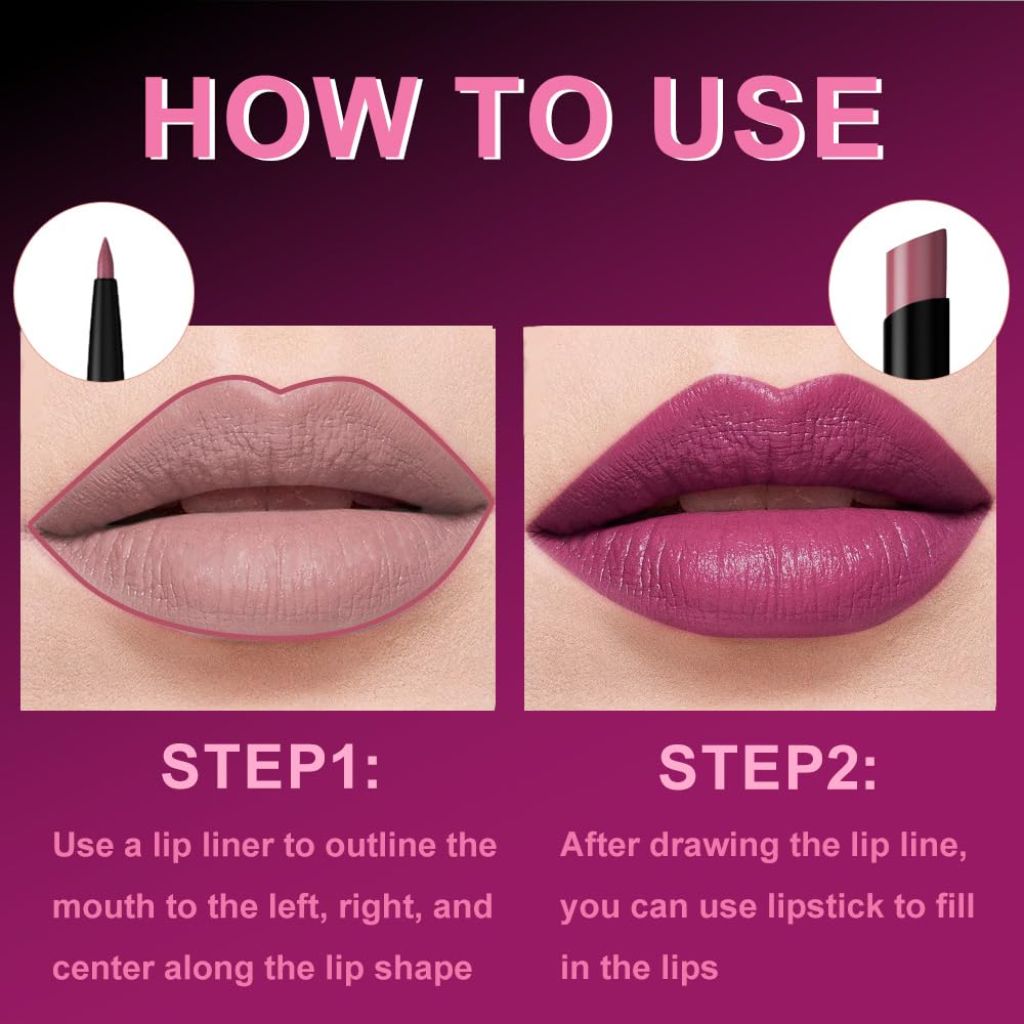 2-in-1 Lip Liner and Lipstick Combo Set - Purple (6pcs)