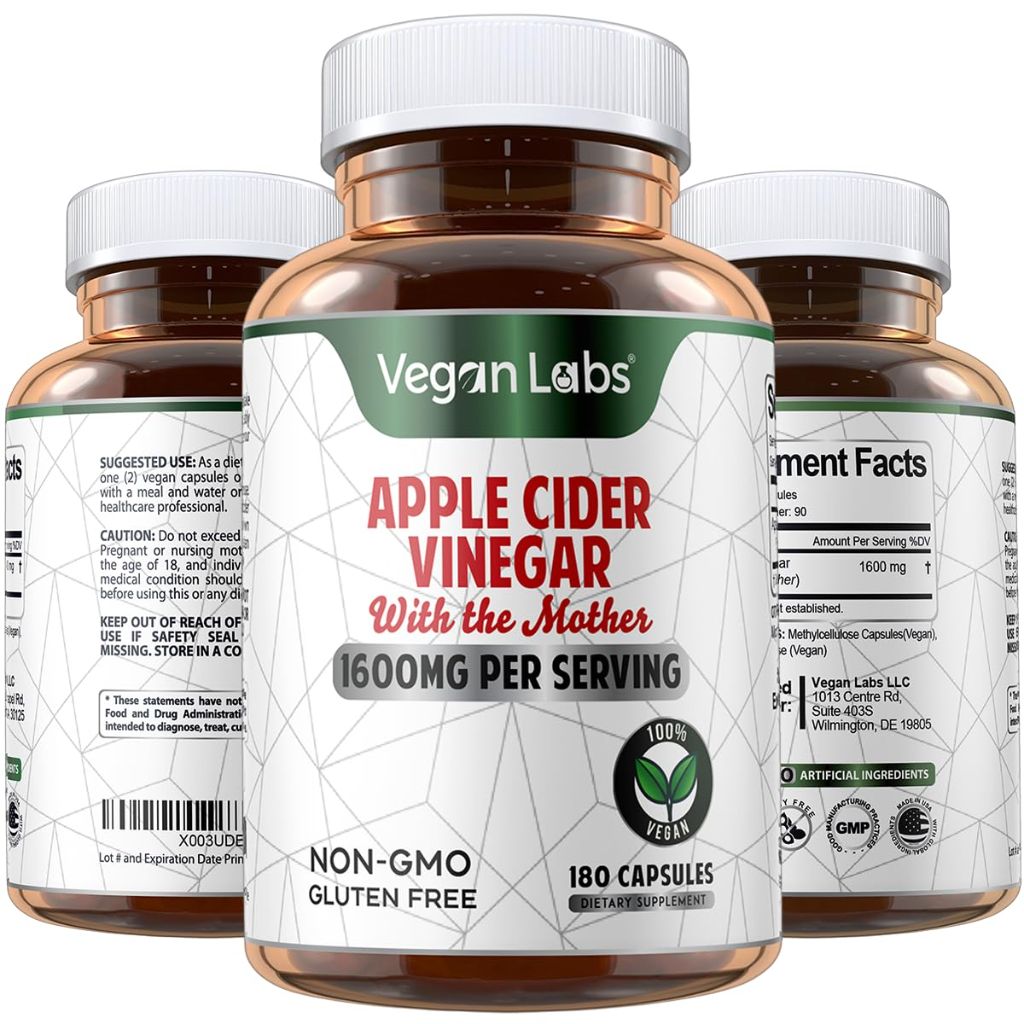 Vegan Labs Apple Cider Vinegar Capsules with The Mother- 180 Vegan Capsules,
