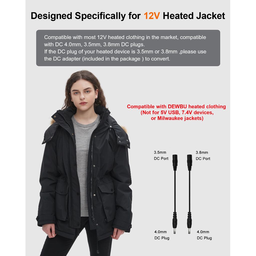 Hecusma 12V 18400mAh Heated Jacket Battery Pack, Battery Pack for Heated Jacket, Rechargeable Power Bank for Heated Jacket, Heated Pants with DC/USB/Type-C Output LED Display
