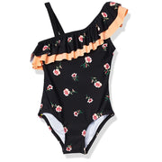 Kanu Surf Girls' Morgan Floral Ruffle 1-Shoulder 1-Piece Swimsuit, Black - size 5