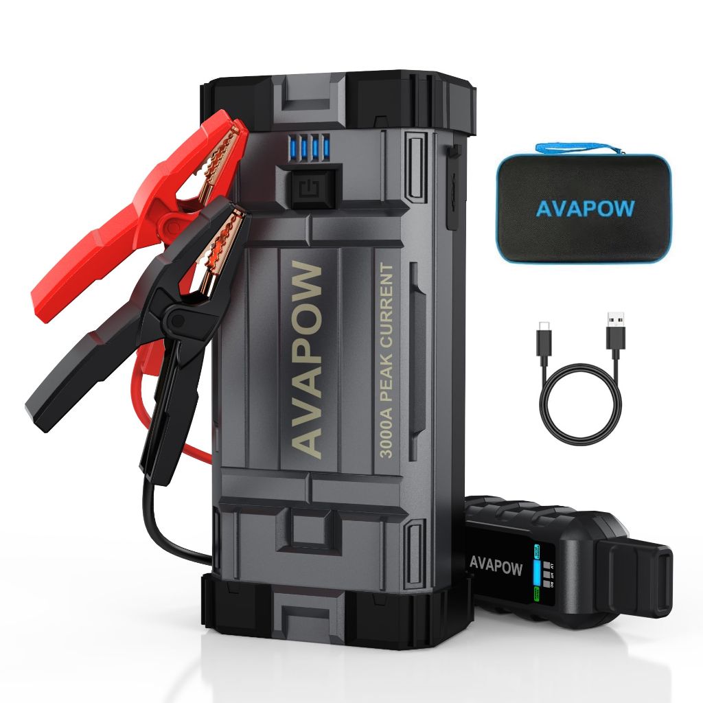 AVAPOW Car Battery Jump Starter 3000A Peak,  to 8L Gas 8L Diesel Engine with Booster Function,12V Lithium Jump Charger Pack Box