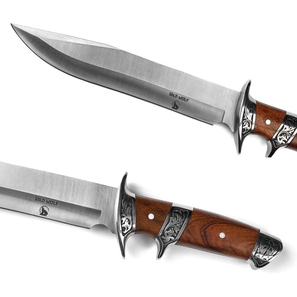 Wild Wolf X42 Survival Camping Fishing Fixed Semi-Full Tang Blade Hunting Knife with Rosewood Handle and Leather Sheath