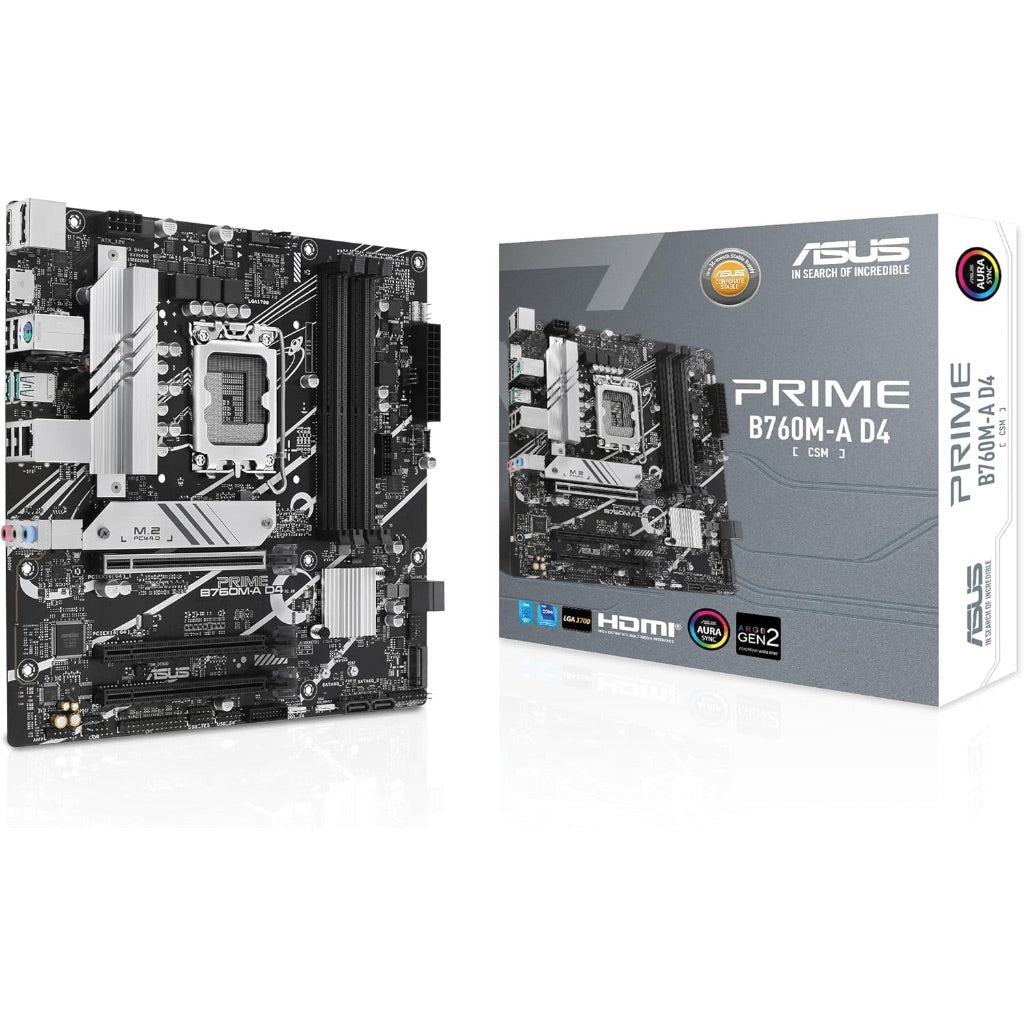 ASUS Prime B760M-A D4-CSM Intel B760 (LGA 1700) mATX Commercial CSM Motherboard, PCIe 4.0, DDR4, 2X M.2, 2.5Gb LAN, DP, 2X HDMI, SATA 6 Gbps, USB Type-C, Aura Sync, ASUS Control Center Express