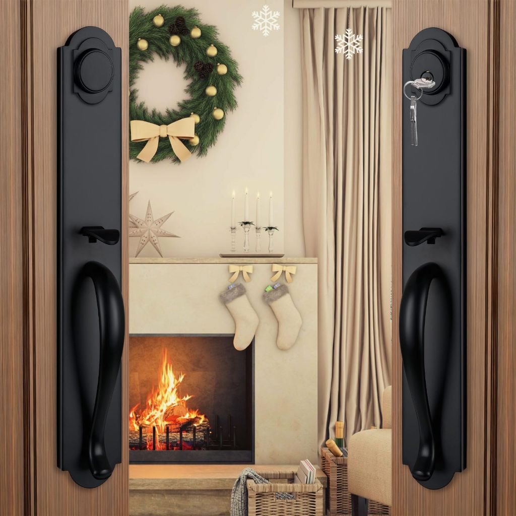 NEWBANG Matte Black Double Door Handle Set,(Keyed and Dummy Set),MDHST2018DB-SET
